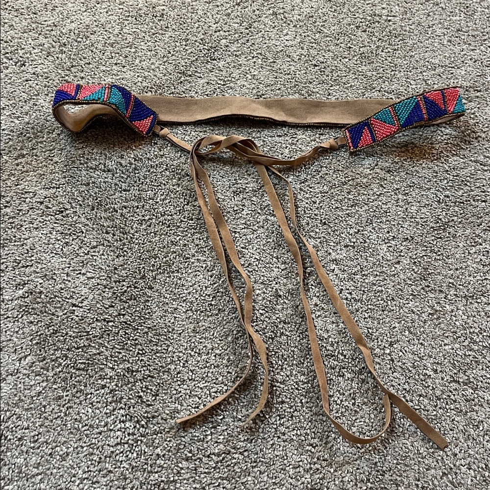 Vegan Leather Vibrant Turquoise Navy Coral and Bronze Beaded tie belt 64 inches - Picture 8 of 16